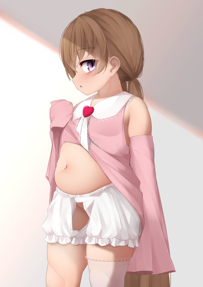 bare_shoulders belly bloomers blush brown_hair commentary_request crotchless crotchless_bloomers female flat_chest highres lifting_own_clothes long_hair long_sleeves looking_at_viewer looking_to_the_side low_twintails navel ne_an_ito parted_lips pink_sleeves plump purple_eyes shadow sidelighting sideways_mouth sleeves_past_fingers sleeves_past_wrists solo thick_thighs thighs tsukuyomi_ai twintails underwear voiceroid white_bloomers