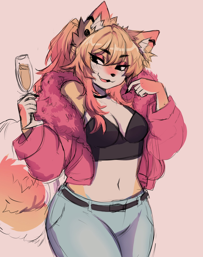 absurd_res alcohol anakoluth anthro aska_(anakoluth) beverage big_breasts black_nails blonde_hair bottomwear breasts canid canine canis choker cleavage clothed clothing colored_nails container crop_top cup curled_tail denim denim_bottomwear denim_clothing domestic_dog drinking_glass drunk female fur glass glass_container glass_cup hair halter_top hi_res holding_beverage holding_object jacket jeans jewelry makeup mammal midriff nails navel necklace open_clothing open_jacket open_mouth open_topwear pants piercing shirt smile smirk solo substance_intoxication tail topwear wide_hips wine wine_glass yellow_body yellow_fur