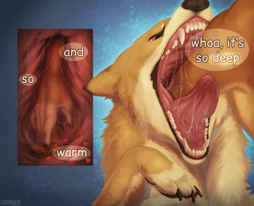 anthro bodily_fluids canid canine canis coyote deep_throat detailed_mouth digital_media_(artwork) domestic_dog duo english_text esophageal_sphincter feral fisting fur inside_stomach internal internal_oral mammal open_mouth oral oral_fisting oral_penetration organs paradoxinhead paws penetration saliva saliva_string simple_background stomach stomach_acid teeth text tongue tongue_out unusual_fisting what