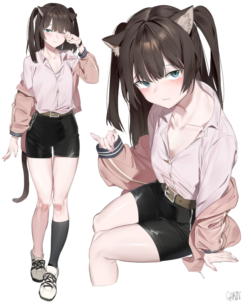 absurdres animal_ears belt blue_eyes blush brown_hair cat_ears collarbone female garin highres jacket looking_at_viewer multiple_views nail_polish open_clothes open_shirt original shoes shorts simple_background single_sock skirt socks unbuttoned unbuttoned_shirt