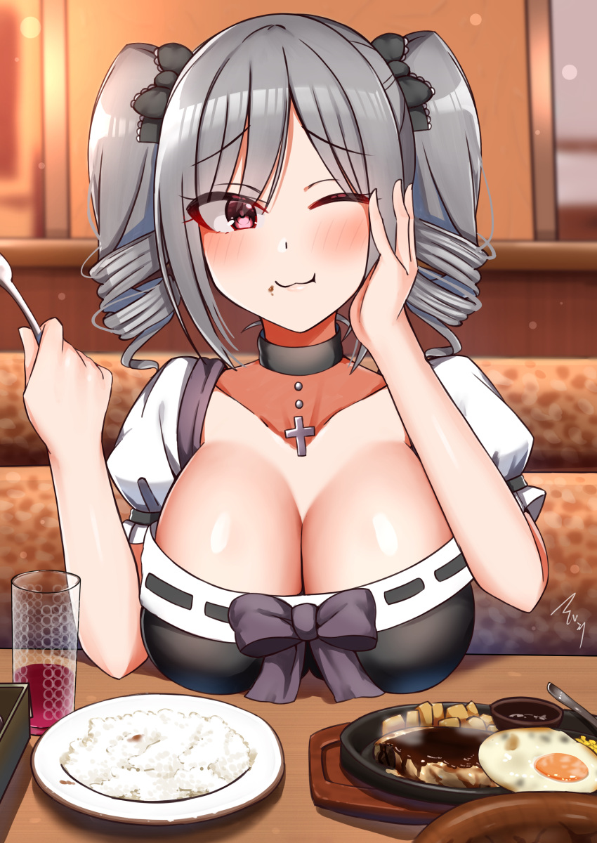 :3 absurdres black_bow black_choker black_dress blush booth_seating bow breast_rest breasts breasts_on_table choker cleavage commentary_request cross cross_choker cup dress drill_hair drinking_glass eating elbows_on_table female food food_on_face fork grey_hair hairbow highres holding holding_fork idolmaster idolmaster_cinderella_girls kanzaki_ranko large_breasts looking_at_viewer mabanna meal one_eye_closed pov_across_table pov_dating purple_eyes restaurant saizeriya short_hair short_sleeves short_twintails signature solo twin_drills twintails