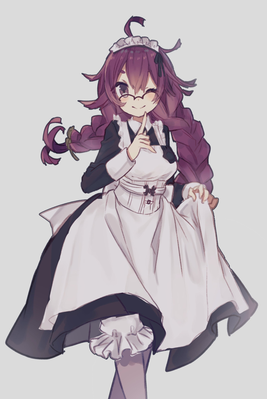 absurdres antenna_hair apron braid closed_mouth commentary_request dorothy_(sinoalice) female glasses grey_background hair_ornament hairpin highres index_finger_raised long_hair long_sleeves looking_at_viewer maid maid_apron maid_headdress merry-san one_eye_closed purple_eyes purple_hair simple_background sinoalice skirt skirt_hold solo twin_braids