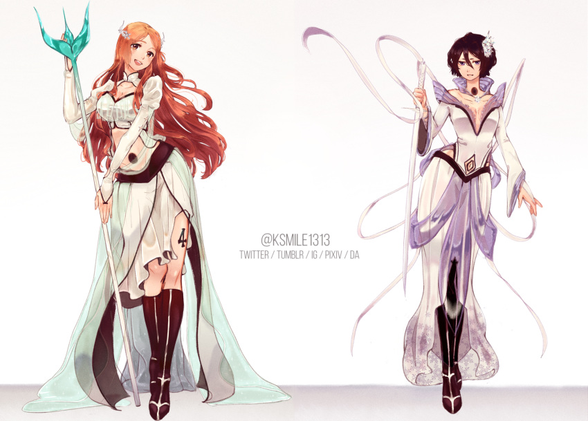 2girls absurdres alternate_costume alternate_universe arrancar black_footwear black_hair bleach bone boots breasts bridal_gauntlets brown_eyes cape dress english_commentary flower hair_between_eyes hair_flower hair_ornament highres holding holding_polearm holding_sword holding_weapon hole_on_body inoue_orihime katana knee_boots ksmile1313 kuchiki_rukia large_breasts leg_tattoo long_hair long_skirt long_sleeves looking_at_viewer multiple_girls number_tattoo off-shoulder_dress off_shoulder open_mouth orange_hair parted_bangs polearm purple_eyes shrug_(clothing) skirt small_breasts smile spear sword tattoo twitter_username waist_cape weapon white_cape white_dress white_skirt wide_sleeves