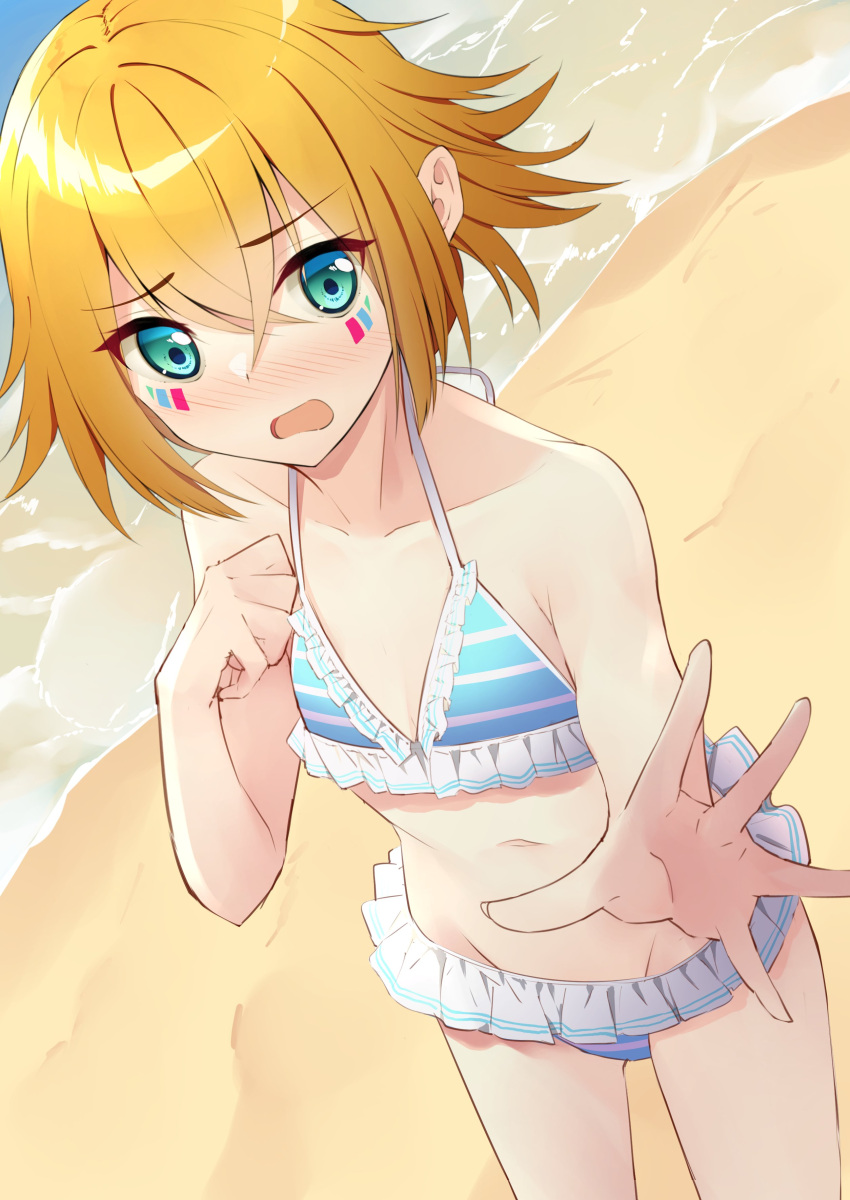 1boy absurdres amamichi_tsukasa androgynous beach bikini blue_eyes blush crossdressing facial_hair highres indie_virtual_youtuber looking_at_viewer male_focus marking_on_cheek megurumiru midriff navel ocean orange_hair otoko_no_ko reaching reaching_towards_viewer solo swimsuit virtual_youtuber