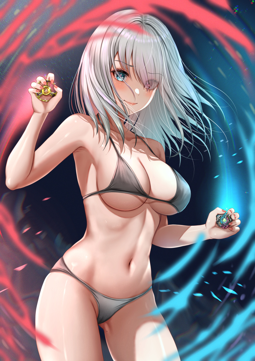 absurdres ass_visible_through_thighs bare_arms bare_shoulders beyblade beyblade_(object) bikini black_bikini blue_eyes blush breasts cleavage closed_mouth collarbone cowboy_shot eyes_visible_through_hair female grey_hair hair_over_one_eye halterneck heterochromia highres holding large_breasts long_hair looking_at_viewer nail_polish navel nori_chazuke orange_nails purple_eyes sainen_yuko smile solo stomach string_bikini swimsuit