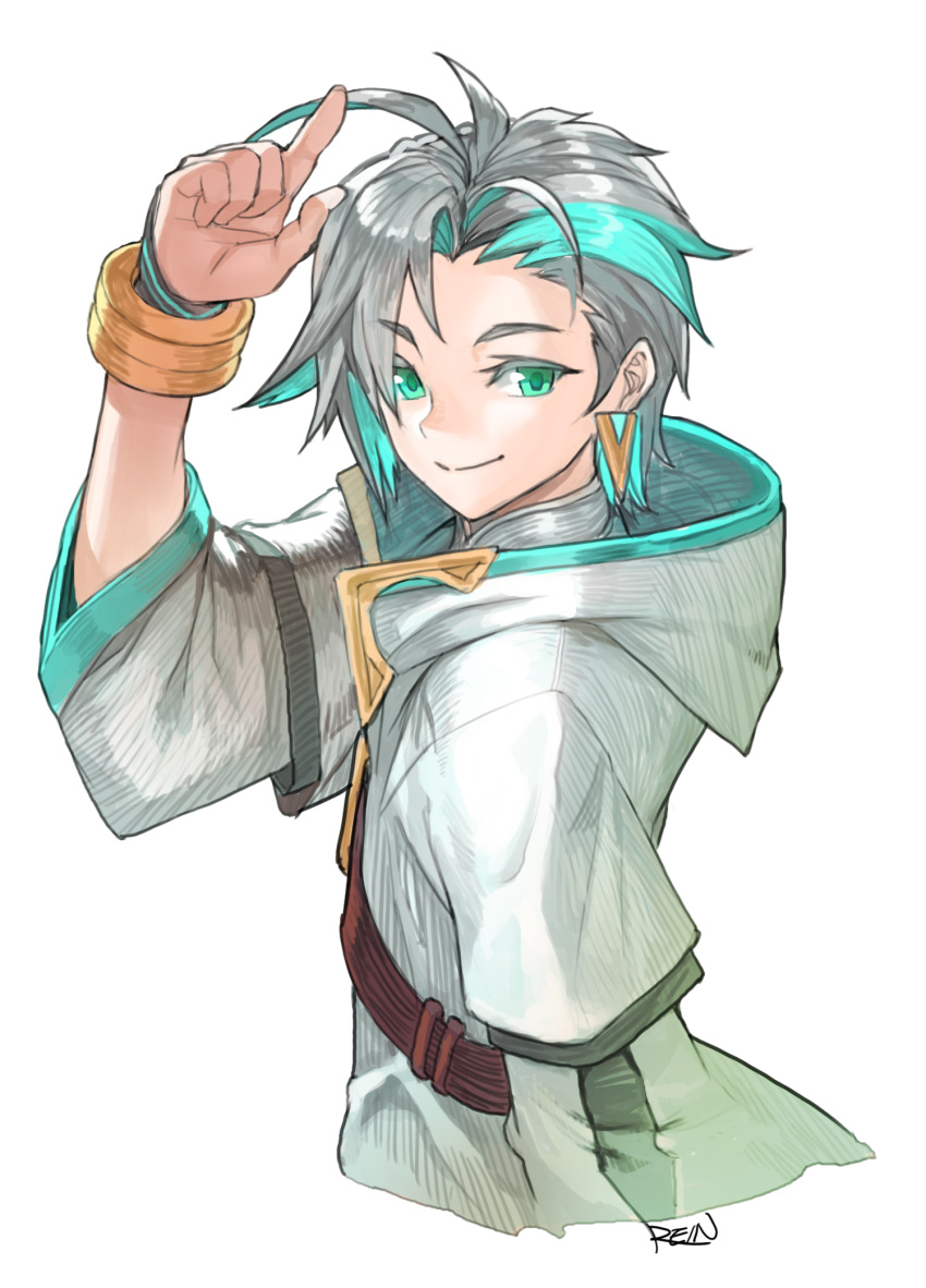 1boy ainchase_ishmael antenna_hair aqua_hair arm_up bracelet closed_mouth earrings elsword green_eyes grey_hair hatching_(texture) highres hood hood_down jewelry male_focus multicolored_hair rein00 signature simple_background single_earring smile solo white_background