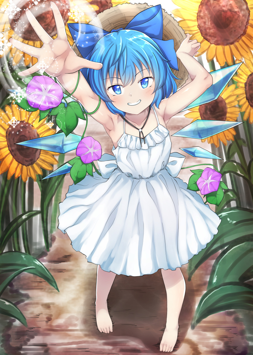 absurdres armpits arms_up bare_shoulders barefoot blue_bow blue_eyes blue_hair blush bow brown_hat cirno closed_mouth dress female flower hair_between_eyes hands_up hat highres ice ice_wings leaf light looking_at_viewer magic morning_glory outdoors pechimaru pink_flower purple_flower short_hair sleeveless smile snowflakes solo standing straw_hat sunflower sunlight teeth touhou white_bow white_dress wings yellow_flower