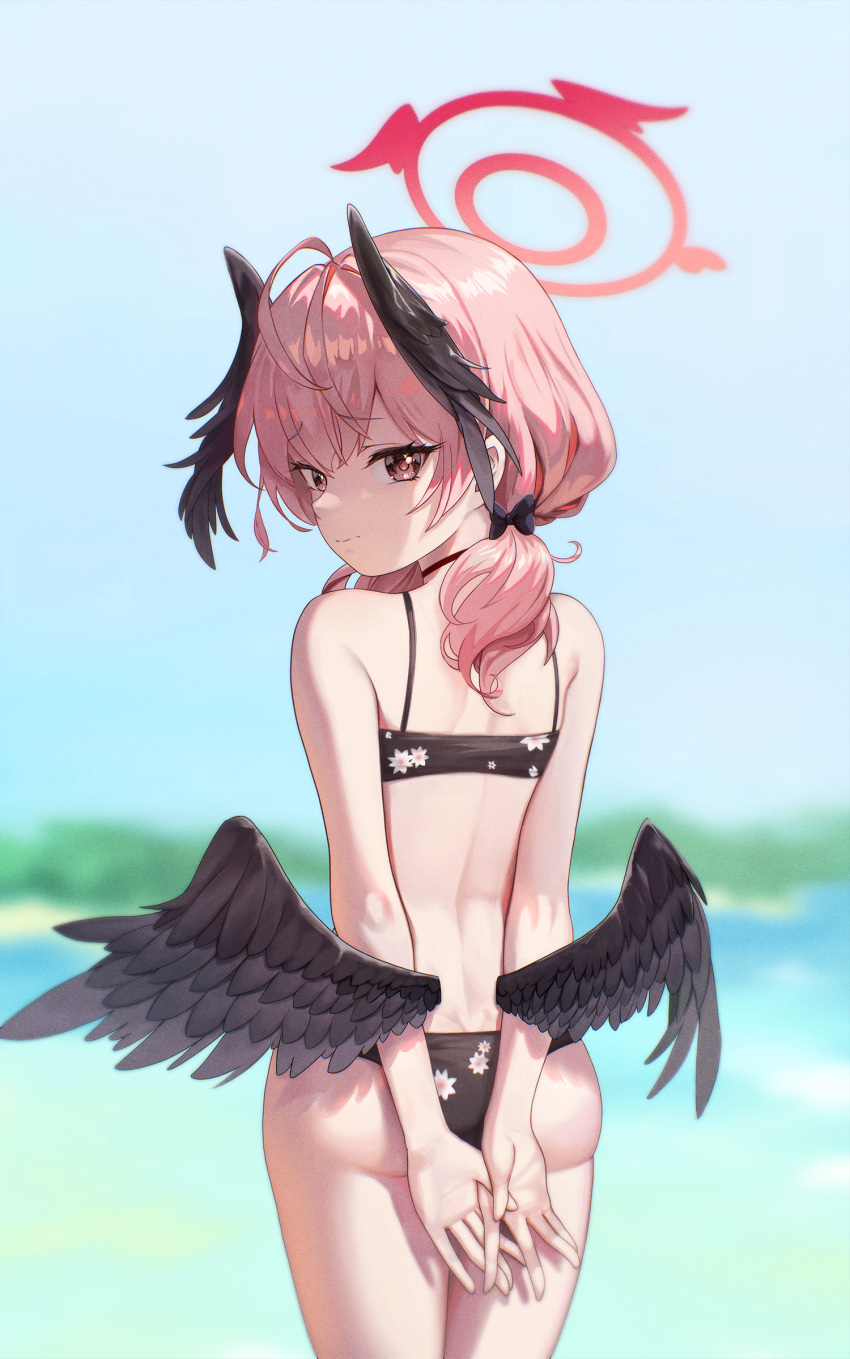 angel angel_wings arms_behind_back ass back bad_id bad_pixiv_id bare_arms bare_shoulders bikini black_bikini black_bow black_wings blue_archive blue_sky blurry blurry_background blush bow closed_mouth cloud cowboy_shot day elanphant feathered_wings female floral_print from_behind hair_between_eyes hair_ornament halo head_wings highres koharu_(blue_archive) koharu_(swimsuit)_(blue_archive) long_hair looking_at_viewer looking_back low_twintails low_wings official_alternate_costume outdoors pink_eyes pink_hair pink_halo print_bikini sky solo spaghetti_strap standing swimsuit thighs twintails wings