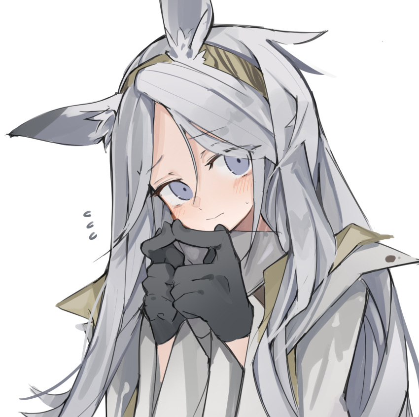 animal_ears arknights black_gloves blush female fingerless_gloves flying_sweatdrops gloves green_hairband grey_hair grey_shirt hairband hands_up heavyrain_(arknights) highres horse_ears long_hair looking_at_viewer mikozin purple_eyes shirt simple_background solo twiddling_fingers upper_body white_background