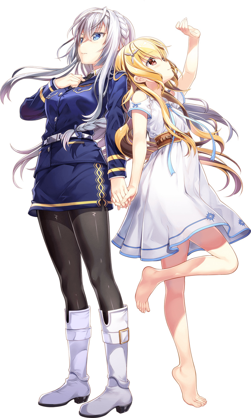 2girls absurdres amy_(senyoku_no_sigrdrifa) barefoot belt black_legwear black_necktie blonde_hair blue_eyes blue_jacket blue_skirt boots braid commentary_request cover cover_page dress feet_out_of_frame formal fujima_takuya hair_ornament hairband highres jacket looking_up military military_uniform multiple_girls necktie official_art pantyhose propeller_hair_ornament red_eyes rusalka_evereska senyoku_no_sigrdrifa skirt skirt_suit suit transparent_background uniform white_dress white_footwear white_hair white_hairband