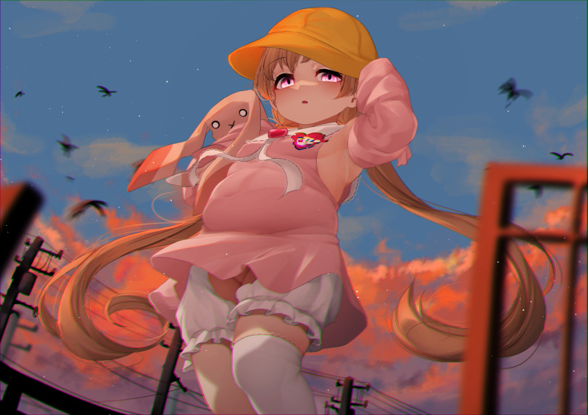 asymmetrical_legwear bird bloomers blurry blurry_foreground blush brooch chromatic_aberration commentary crotchless crotchless_bloomers detached_sleeves dress feet_out_of_frame female hat heart heart_brooch highres holding jewelry light_brown_hair long_hair looking_at_viewer low_twintails motion_blur ne_an_ito outdoors pink_dress pink_sleeves plump power_lines single_thighhigh sky solo tareme thighhighs tsukuyomi_ai twintails underwear very_long_hair voiceroid white_bloomers yellow_hat