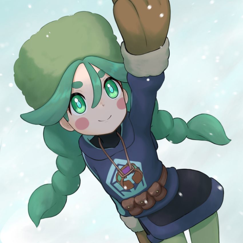 arm_up black_shirt black_skirt blue_jacket blue_pupils blush_stickers braid brown_mittens closed_mouth commentary_request female fur_hat green_eyes green_hat green_pantyhose hat highres jacket jewelry long_hair long_sleeves looking_up mittens necklace pantyhose pokemon pokemon_legends:_arceus sabi_(pokemon) shiroiurushi shirt skirt smile snowing solo twin_braids twintails