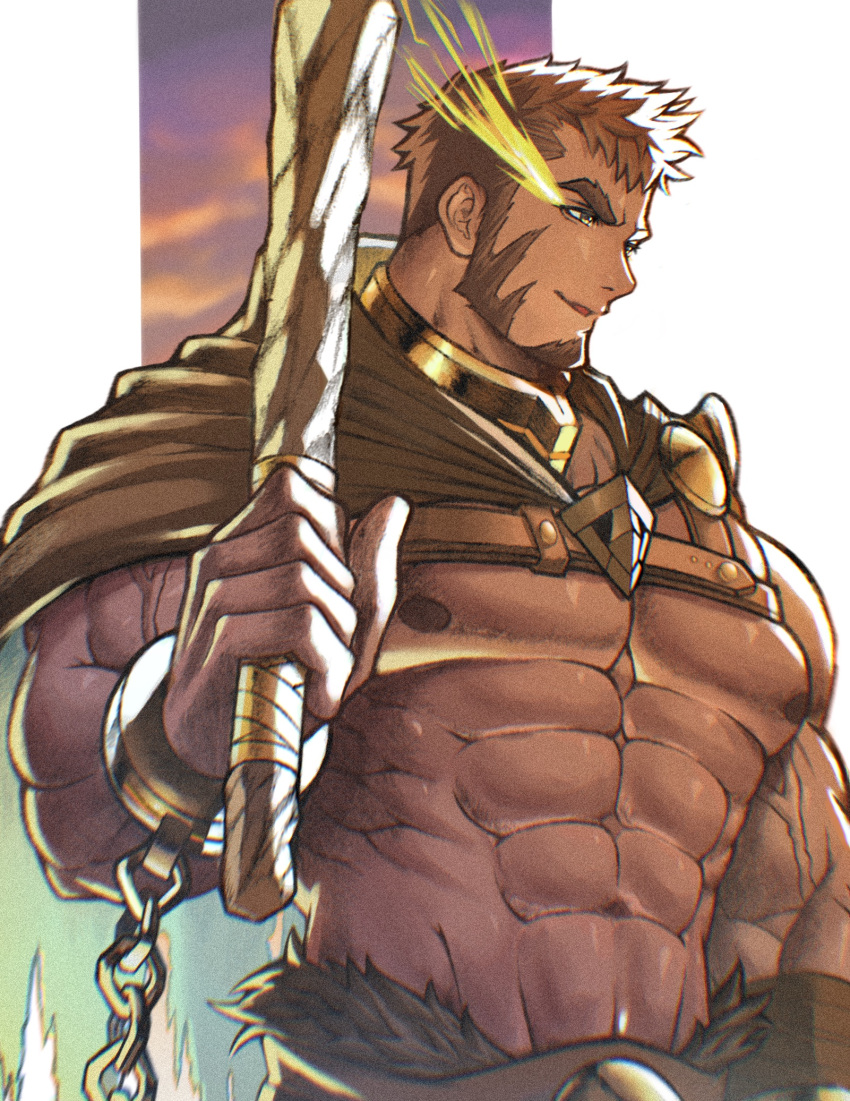 1boy abs bara bare_pectorals brown_cape brown_hair cape chains chest_harness club_(weapon) facial_hair flaming_eye goatee harness heracles_(housamo) highres large_pectorals long_sideburns male_focus muscular muscular_male nipples pectoral_squeeze pectorals short_hair sideburns simple_background skindentation solo tokyo_afterschool_summoners toshun_(momotoshi) two-tone_cape underpec weapon