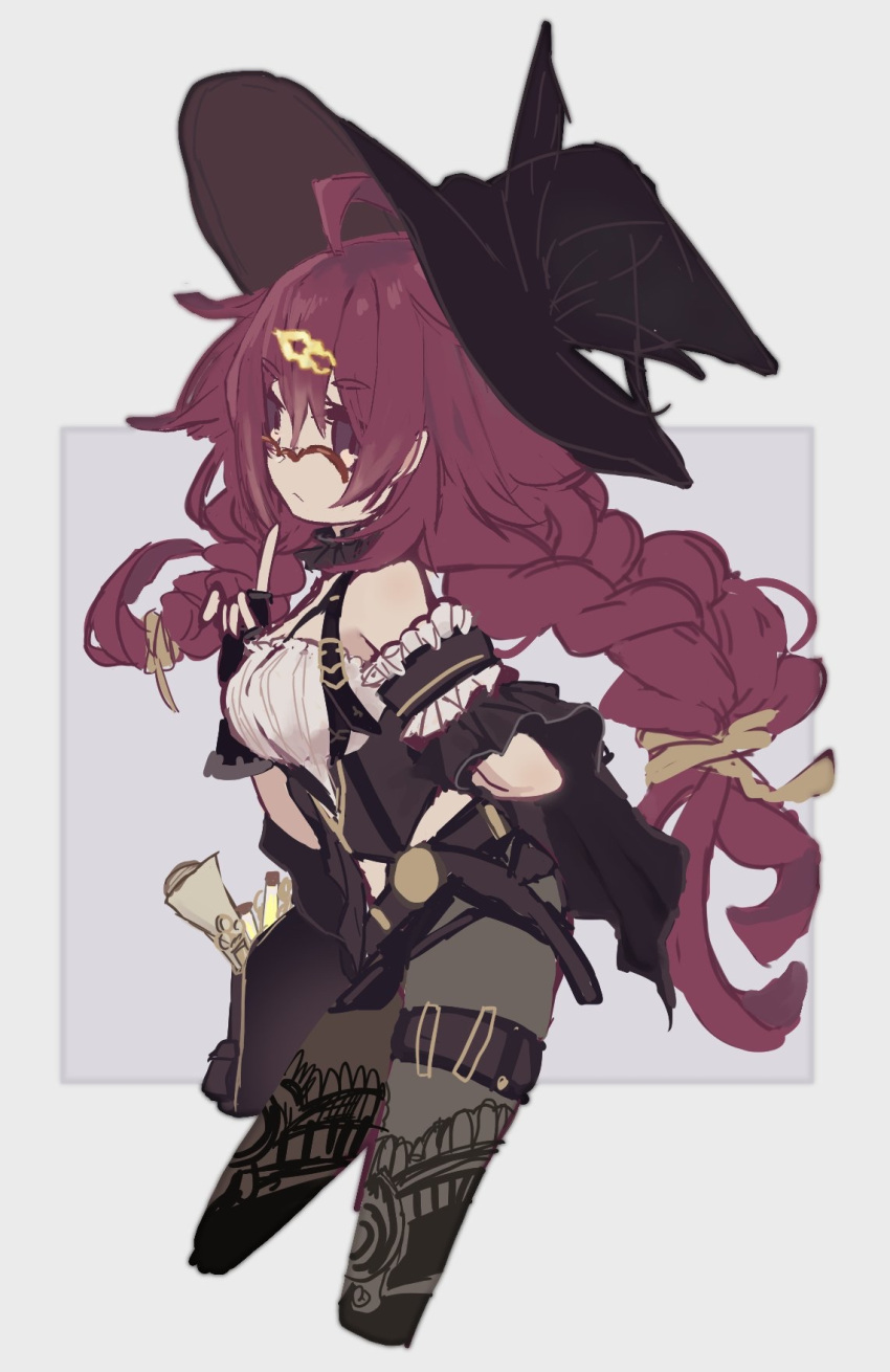 antenna_hair bag bare_shoulders black_gloves braid breasts cleavage closed_mouth dorothy_(sinoalice) female fingerless_gloves glasses gloves hair_ornament hairpin hat highres index_finger_raised leggings merry-san potion purple_eyes purple_hair scroll sinoalice twin_braids witch_hat