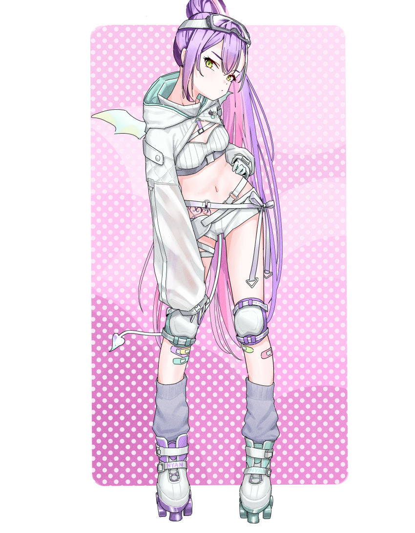 absurdres bandaid bandaid_on_leg bandeau belt breasts closed_mouth commentary crop_top demon_tail demon_wings female full_body gloves goggles goggles_on_head green_eyes highres hip_tattoo hololive hooded_shrug knee_pads lakudaken long_hair long_sleeves looking_at_viewer loose_socks micro_shorts ponytail purple_hair ribbed_bandeau roller_skates see-through see-through_sleeves shorts single_wing skates small_breasts socks solo standing tail tattoo thigh_belt thigh_strap tokoyami_towa tokoyami_towa_(5th_costume) very_long_hair virtual_youtuber white_bandeau white_belt white_footwear white_gloves white_shorts white_shrug white_tail winged_heart_tattoo wings