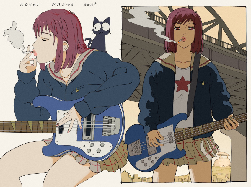 animal_on_shoulder bass_guitar blue_jacket bridge cat_on_shoulder cigarette closed_eyes collarbone commentary_request english_text feline female flcl giganticbuddha highres instrument jacket left-handed medium_hair miniskirt nirvana_(band) parody pink_nails red_eyes red_hair rickenbacker_4001 sailor_collar samejima_mamimi skirt smoke smoking takkun_(flcl)