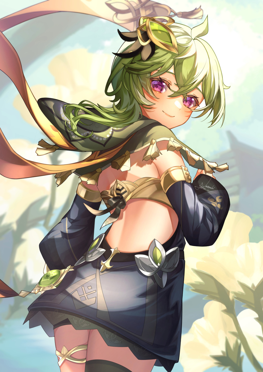 backless_dress backless_outfit bare_shoulders black_dress bra closed_mouth collei_(genshin_impact) dress female genshin_impact green_hair green_robe hair_ornament highres long_sleeves looking_at_viewer looking_back natsuki_yoru purple_eyes robe smile underwear