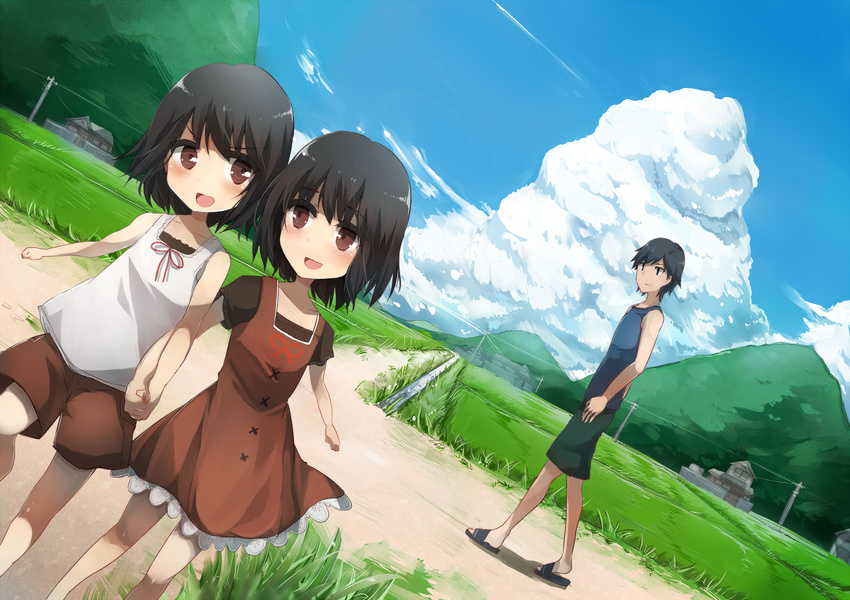 1boy 2girls aged_down amakura_kei amakura_mayu amakura_mio black_hair brown_eyes cloud commentary_request day dress fatal_frame fatal_frame_2 highres holding_hands interlocked_fingers multiple_girls nature outdoors sandals short_hair shorts siblings sisters sky smile tare_(tonikaku_magaru) twins vest