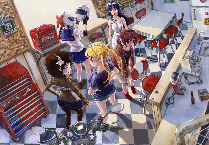 5girls amano_onsa bakuon!! commentary_request kawa kawasaki_raimu minowa_hijiri motor_vehicle motorcycle multiple_girls no_socks photoshop_(medium) route_66 sakura_hane school_uniform suzunoki_rin toolbox