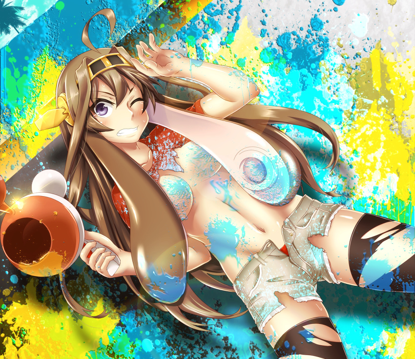 ahoge ass_visible_through_thighs black_thighhighs blush breasts commentary_request female fingernails groin hair_between_eyes hair_censor hair_intakes hairband hand_up highres holding kantai_collection kongou_(kancolle) legs_apart long_hair luna_blaster_(splatoon) medium_breasts midriff navel one_eye_closed open_fly paint paint_splatter panties red_panties red_shirt shirt shorts solo splatoon_(series) stomach straight_hair suction_cups sweat t-shirt tanashi_(mk2) teeth tentacle_hair thighhighs torn_clothes torn_shirt torn_shorts torn_thighhighs underwear v-shaped_eyebrows white_shorts