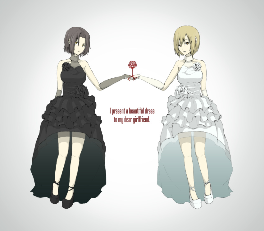 2girls baccano! black_dress black_hair blonde_hair chane_laforet commentary_request dress elbow_gloves english_text full_body gloves high_heels highres kuramichi looking_at_viewer matching_outfits multiple_girls rachel_(baccano!) short_hair simple_background white_dress yellow_eyes