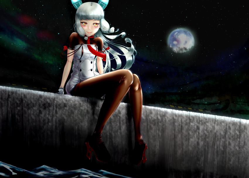 absurdres bad_id bad_pixiv_id black_pantyhose blunt_bangs blush boots breasts brown_pantyhose commentary_request dark dock dress female floating_hair foot_dangle full_body gloves grey_hair hair_ribbon headgear high_heel_boots high_heels highres kantai_collection knees_together_feet_apart lipstick long_hair looking_at_viewer makeup moon murakumo_(kancolle) murakumo_kai_ni_(kancolle) necktie night night_sky nipple_cutout ocean okota_(pixiv) orange_eyes outdoors pantyhose red_necktie ribbon rudder_footwear short_dress short_sleeves sidelocks sitting sky small_breasts smile solo sparkle star_(sky) starry_sky strapless strapless_dress tassel thick_eyebrows thighband_pantyhose tress_ribbon turtleneck water wind wind_lift