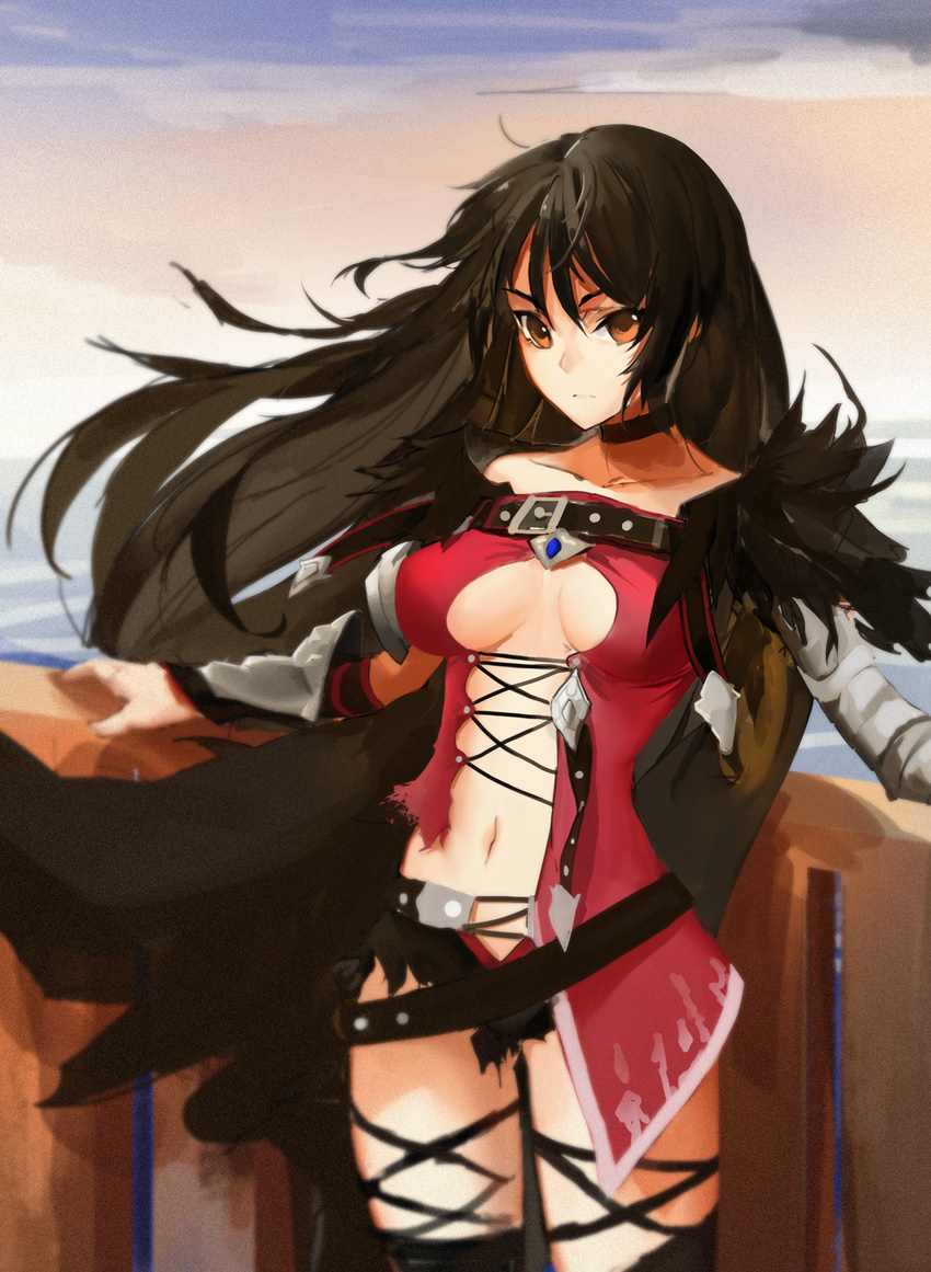 asymmetrical_clothes bandaged_arm bandages belt black_choker black_hair black_skirt breasts brown_eyes choker commentary_request expressionless female highres long_hair medium_breasts microskirt navel orokanahime skirt solo tales_of_(series) tales_of_berseria torn_clothes velvet_crowe