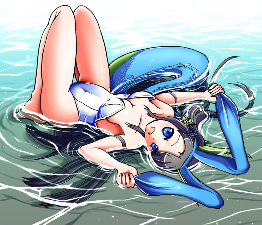 animal_ears bare_legs black_hair blue_eyes commentary_request dragon_girl dragon_tail ebiko_ebi female fins head_fins highres karin_(p&d) long_hair lying playboy_bunny puzzle_&_dragons rabbit_ears tail water