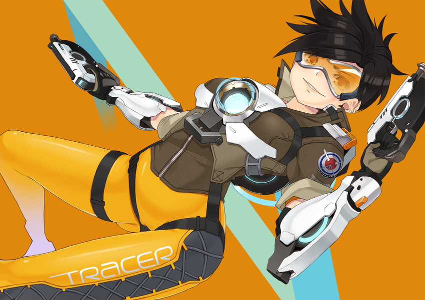 bad_id bad_pixiv_id black_hair bodysuit character_name dual_wielding earrings female goggles gun holding jacket jewelry looking_at_viewer miyamae_(miyazen9311) orange_bodysuit orange_goggles overwatch overwatch_1 photoshop_(medium) short_hair smile solo spiked_hair thigh_strap tracer_(overwatch) weapon