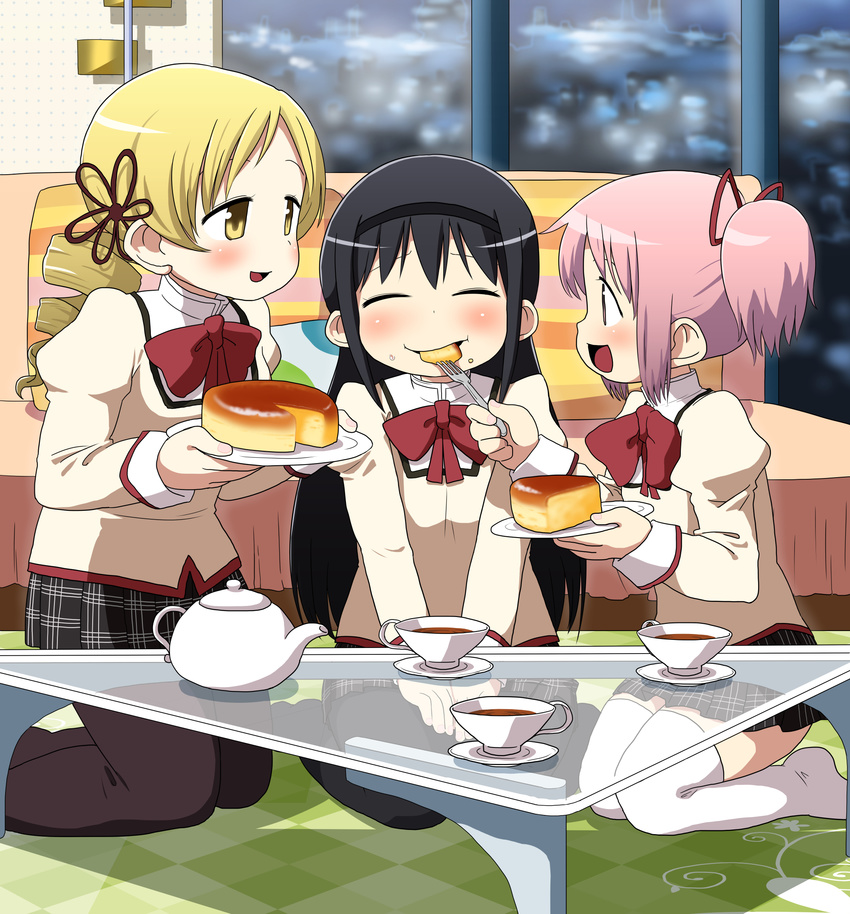 3girls :d akemi_homura black_hair black_hairband black_pantyhose blonde_hair blush bow bowtie brown_pantyhose cake cheesecake closed_eyes collared_shirt commentary_request couch crumbs cup drill_hair feeding flower food food_on_face fork glass glass_table hair_flower hair_ornament hair_ribbon hairband half-closed_eyes highres indoors kaname_madoka kneeling long_hair long_sleeves mahou_shoujo_madoka_magica mahou_shoujo_madoka_magica_(anime) mitakihara_school_uniform multiple_girls open_mouth pantyhose pillow pink_eyes pink_hair plaid plaid_skirt pleated_skirt profile red_bow red_bowtie ribbon rug school_uniform seiza shirt short_hair sitting skirt smile table tea teacup teapot thighhighs tomoe_mami twin_drills twintails v_arms wall wariza white_shirt white_thighhighs window yellow_eyes yoshino_norihito