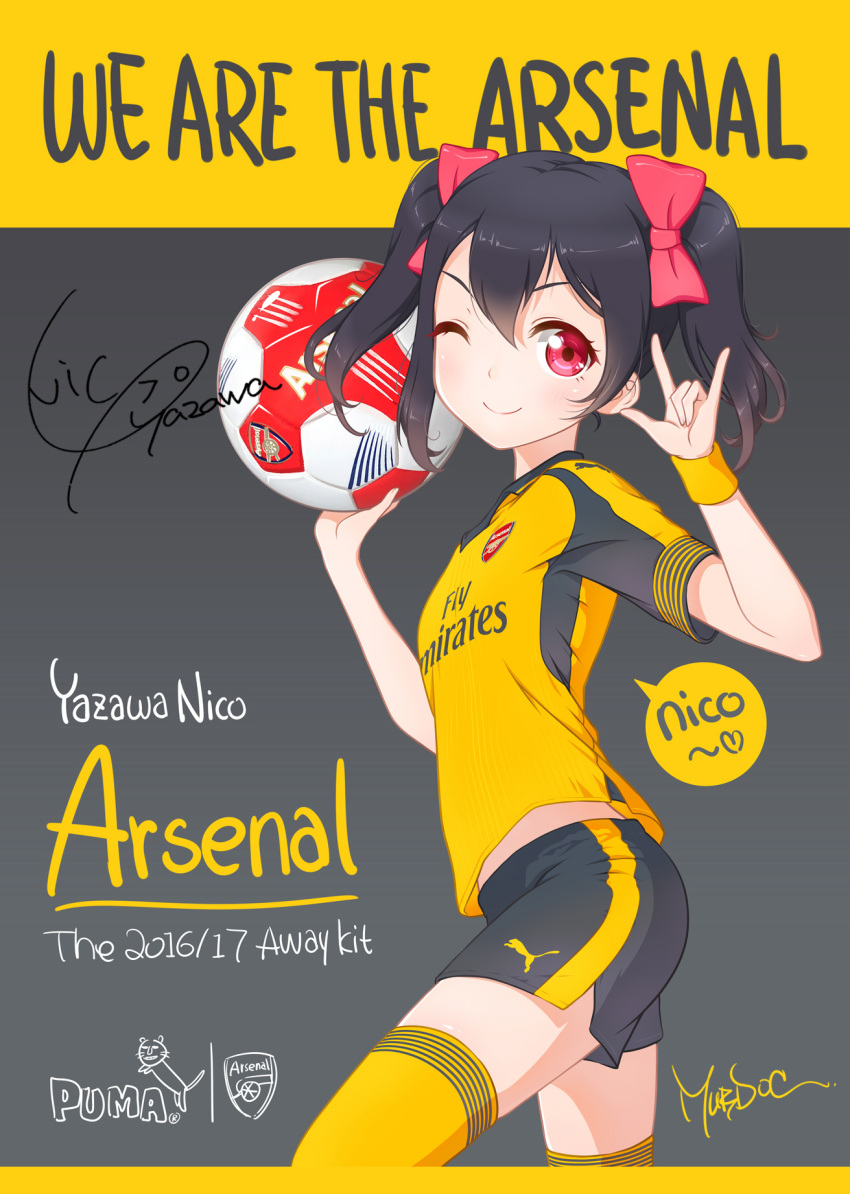 \m/ arsenal_fc ball bow character_signature commentary_request copyright_name cowboy_shot female hairbow highres looking_at_viewer love_live! love_live!_school_idol_project one_eye_closed pink_bow puma_(brand) shirt short_hair short_sleeves shorts signature smile soccer_ball soccer_uniform sportswear thighhighs trane7nine yazawa_nico