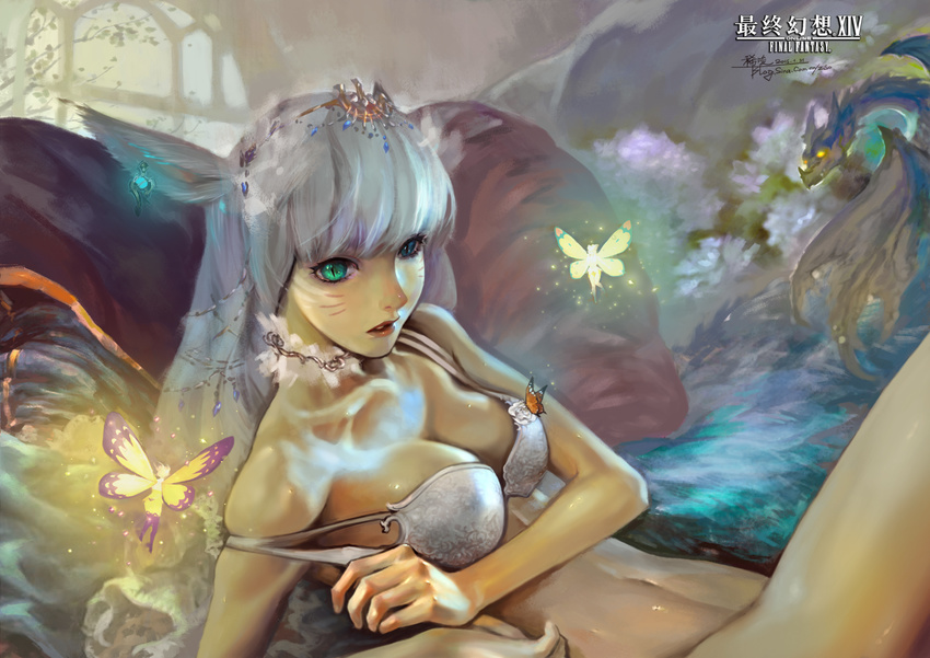 animal_ears arch artist_name bare_shoulders blue_eyes bra breasts bug butterfly cat_ears circlet cleavage collarbone commentary copyright_name creature dated derivative_work dragon earrings eos_(ff14) eyelashes facial_mark fairy female final_fantasy final_fantasy_xiv from_above glowing green_eyes hair_ornament heterochromia highres jewelry light_particles long_hair medium_breasts mini_person minigirl miqo'te necklace on_bed parted_lips photoshop_(medium) pillow red_lips selene_(ff14) signature slit_pupils solo_focus stomach strap_slip tail thighhighs underwear underwear_only upper_body warrior_of_light_(ff14) watermark web_address whisker_markings white_bra white_hair window ziso