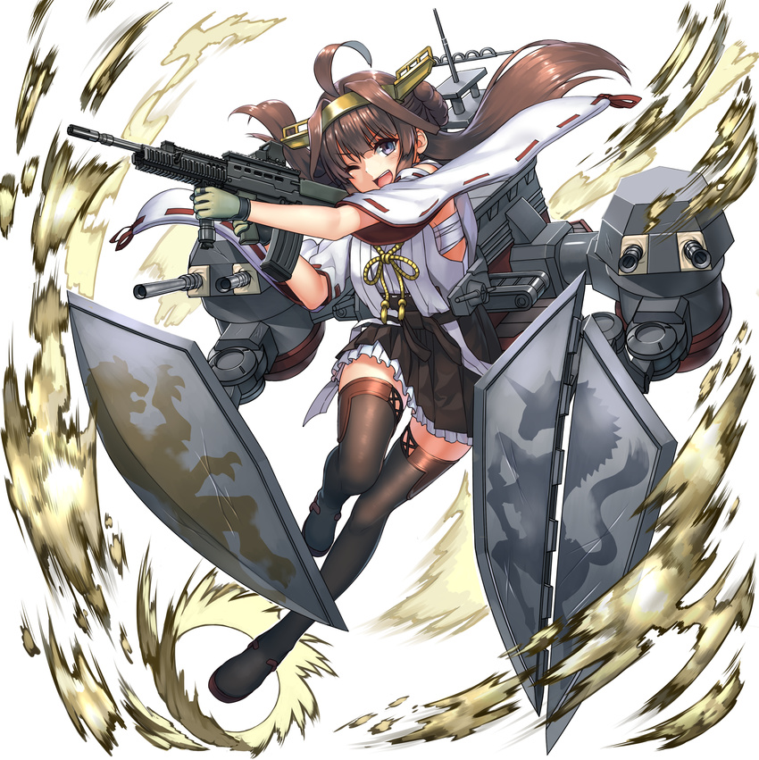 absurdres assault_rifle bad_id bad_pixiv_id blue_eyes breasts brown_hair bullpup commentary eotech female gloves gun hairband harumaki_haruki highres kantai_collection kongou_(kancolle) l85 long_hair machinery medium_breasts nontraditional_miko one_eye_closed open_mouth rifle sarashi sideboob skirt smile solo turret vertical_foregrip weapon