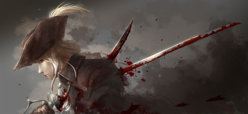 blonde_hair blood bloodborne hat lady_maria_of_the_astral_clocktower sword tenshin_kagehisa weapon