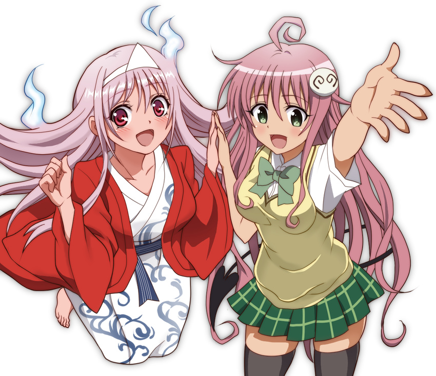 2girls ahoge albino barefoot blush breasts commentary_request crossover demon_tail floating ghost green_eyes hair_ornament holding_hands jacket japanese_clothes kimono lala_satalin_deviluke large_breasts long_hair looking_at_viewer multiple_girls onomekaman open_mouth peke pink_hair red_eyes skindentation smile tail thighhighs to_love-ru triangular_headpiece yunohana_yuuna yuragisou_no_yuuna-san