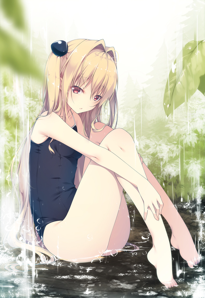 :< armpit_crease ass bare_legs barefoot black_one-piece_swimsuit blonde_hair blurry blurry_foreground blush breasts closed_mouth collarbone commentary_request competition_school_swimsuit day depth_of_field feet female from_side full_body hair_between_eyes hair_intakes half-closed_eyes hands_on_own_legs highres knees_up konjiki_no_yami leaf legs long_hair looking_at_viewer nature one-piece_swimsuit outdoors outstretched_arm partially_submerged photoshop_(medium) plantar_flexion pond red_eyes school_swimsuit shokuyou_mogura sidelocks sitting small_breasts solo swimsuit thighs to_love-ru two_side_up water waterfall wet wet_clothes wet_hair