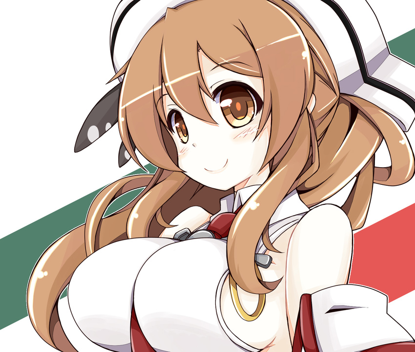 bare_shoulders between_breasts blush breasts brown_eyes brown_hair collared_shirt commentary_request detached_sleeves female flag_background hair_between_eyes hair_ornament hat highres italian_flag kantai_collection large_breasts littorio_(kancolle) long_hair looking_at_viewer nanashino_(nanasino101) necktie necktie_between_breasts perky_breasts photoshop_(medium) ponytail red_necktie shirt sideboob sleeveless sleeveless_shirt smile solo tareme upper_body wavy_hair white_hat wing_collar