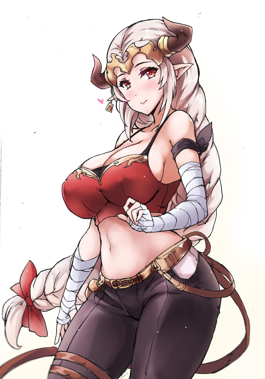 absurdres aliza_(granblue_fantasy) arm_wrap armband bare_shoulders belt blush bolobolo bow breasts cleavage collarbone commentary_request crop_top draph earrings female granblue_fantasy hair_pulled_back hairbow headpiece highres hip_focus horns jewelry large_breasts long_hair looking_at_viewer midriff navel photoshop_(medium) pointy_ears red_eyes sidelocks simple_background smile solo white_background white_hair