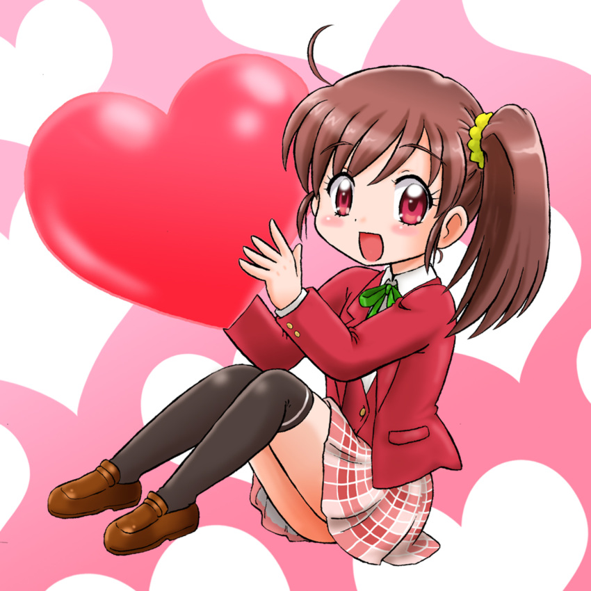 :d ahoge black_thighhighs blazer blush_stickers brown_footwear brown_hair chibi commentary_request female green_ribbons hair_between_eyes hair_ornament hair_scrunchie heart heart_background highres hoshikawa_tsukimi jacket loafers long_sleeves looking_at_viewer millipen_(medium) open_mouth original over-kneehighs partial_commentary pink_background plaid plaid_skirt red_eyes red_jacket ribbon scrunchie shoes short_hair side_ponytail sidelocks sitting skirt smile solo thighhighs traditional_media uniform waistcoat yellow_scrunchie