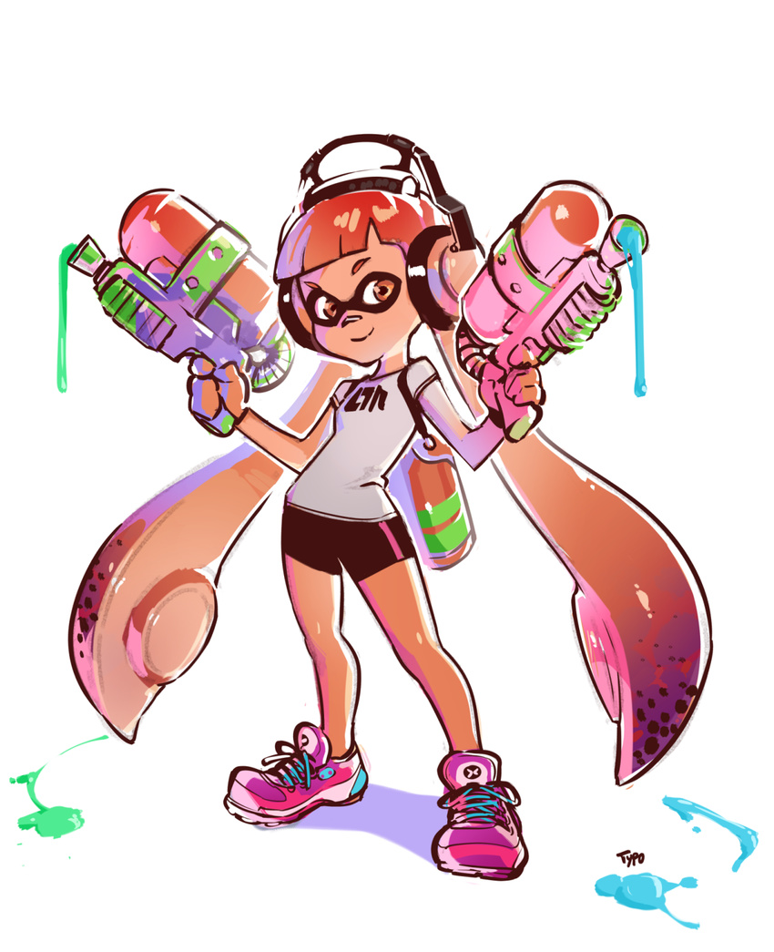 bike_shorts domino_mask dual_wielding female flat_chest full_body headphones highres inkling long_hair mask nintendo orange_eyes orange_hair shoes simple_background smile sneakers solo splatoon super_soaker tentacle_hair twintails typo_(requiemdusk) very_long_hair