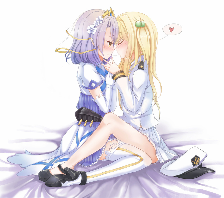 2girls admiral_(warship_girls_r) blonde_hair blush brown_eyes chinese_commentary closed_eyes commentary_request female_admiral_(warship_girls_r) heart highres juno_(warship_girls_r) long_hair military military_uniform multiple_girls purple_hair saliva saliva_trail spoken_heart thighhighs uniform warship_girls_r yuemanhuaikong yuri zettai_ryouiki