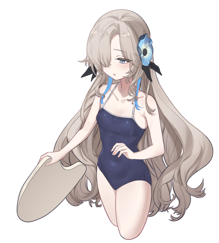 absurdres aningay bare_arms bare_shoulders blue_eyes blue_flower blue_one-piece_swimsuit blush breasts brown_hair collarbone copyright_request covered_navel cropped_legs female flower hair_flower hair_ornament hair_over_one_eye highres kickboard long_hair one-piece_swimsuit parted_lips school_swimsuit simple_background small_breasts solo swimsuit very_long_hair white_background