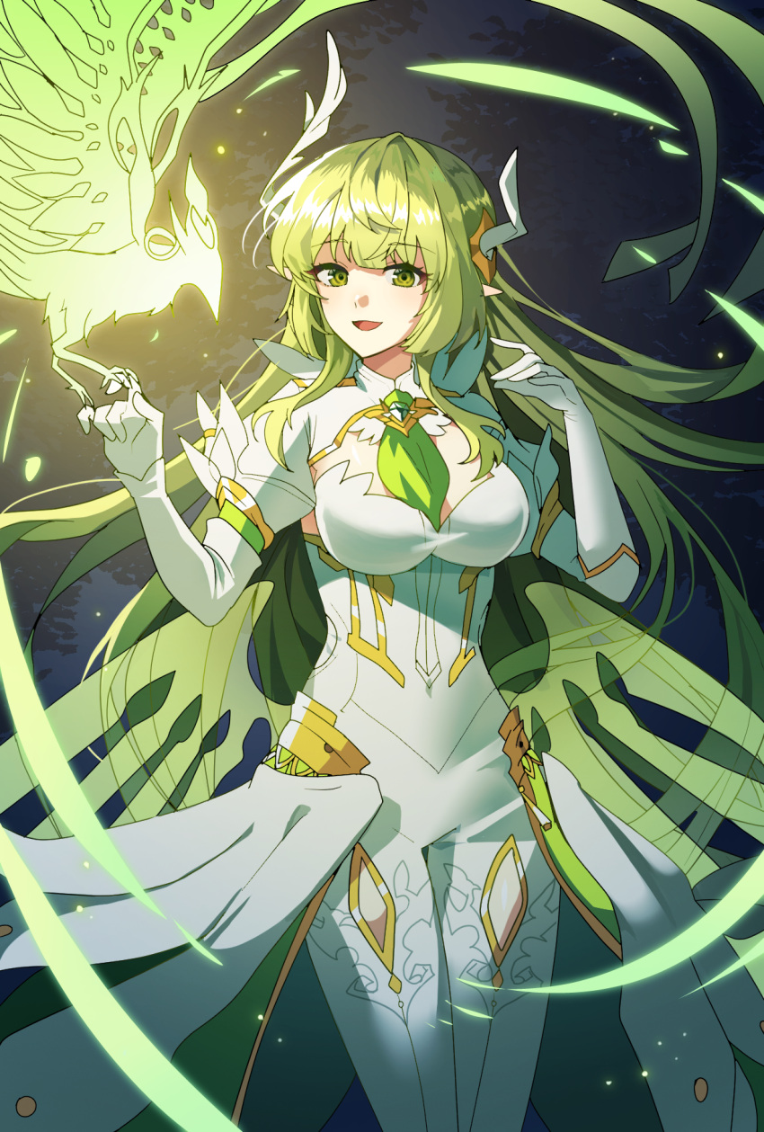 asdff9919 bird bird_on_hand breasts cleavage commentary daybreaker_(elsword) elbow_gloves elf elsword english_commentary female gloves green_eyes green_hair green_necktie hair_ornament highres long_hair magic medium_breasts necktie pointy_ears rena_erindel smile very_long_hair white_gloves