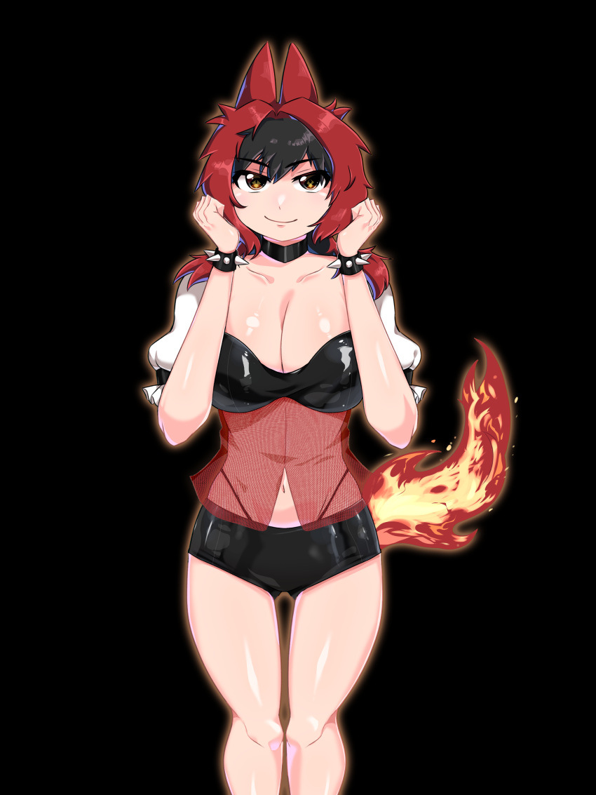 14m_rv absurdres ai-generated_art_(topic) ai-generated_touhou animal_ears black_background black_choker black_hair black_shorts breasts brown_eyes choker cleavage collarbone feet_out_of_frame female fiery_tail hands_up highres large_breasts looking_at_viewer medium_hair midriff multicolored_hair navel original red_hair short_sleeves shorts simple_background smile solo tail touhou two-tone_hair