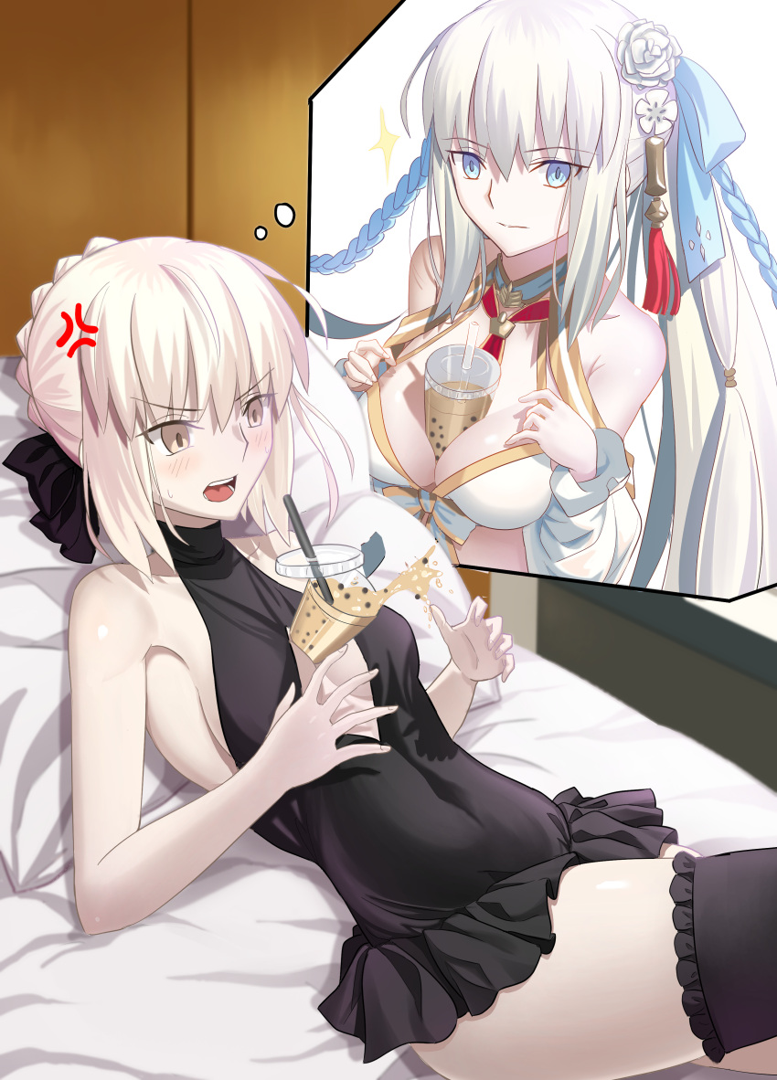 2girls absurdres artoria_pendragon_(alter_swimsuit_rider)_(fate) artoria_pendragon_(alter_swimsuit_rider)_(first_ascension)_(fate) artoria_pendragon_(fate) bare_shoulders bikini black_one-piece_swimsuit blush breasts cleavage fate/grand_order fate_(series) highres large_breasts long_hair longdq3008 medium_breasts morgan_le_fay_(fate) morgan_le_fay_(water_princess)_(fate) multiple_girls one-piece_swimsuit open_mouth smile swimsuit