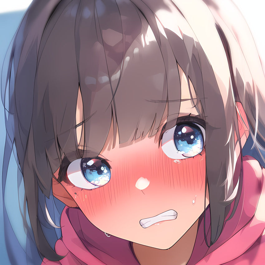 1girls ai_generated bangs blue_eyes blunt_bangs blush blushing_profusely brown_hair clenched_teeth close-up clothed dark_hair daylight embarrassed embarrassed_female eyebrows_visible_through_hair face_closeup face_focus female female_focus female_only hi_res highres hoodie izacru0 light-skinned_female light_skin long_hair looking_away nanaya_(izacru0) open_eyes original original_character pink_clothing pink_hoodie shadow solo solo_female solo_focus sweat talking teeth text