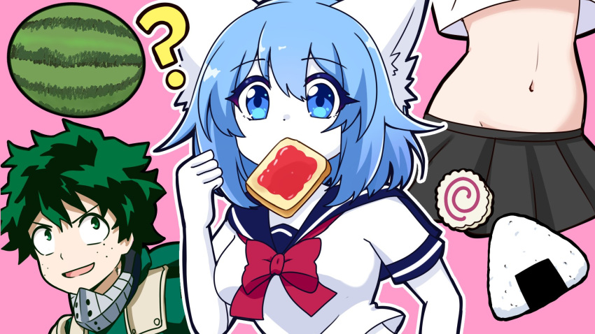 ? animal_ear_fluff animal_ears blue_eyes blue_hair blue_sailor_collar boku_no_hero_academia border bread bread_slice dot_nose english_commentary fish_cake food food_in_mouth fruit green_eyes green_hair highres indie_virtual_youtuber jam midoriya_izuku midriff mouth_hold onigiri pale_skin pink_background sailor sailor_collar toast toast_in_mouth virtual_youtuber watermelon white_border wolf_ears wolf_girl wolfychu wolfychu_(artist)