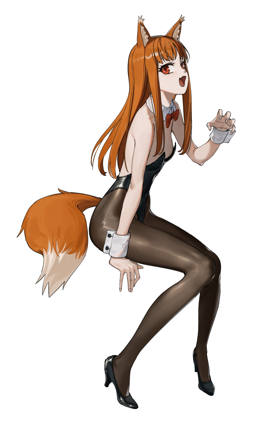 absurdres animal_ears black_pantyhose bow bowtie breasts detached_collar high_heels highres holo orange_hair pantyhose playboy_bunny red_bow red_bowtie red_eyes sitting small_breasts spice_and_wolf tail white_background wolf_ears wolf_girl wolf_tail zou_(pixiv16822216)