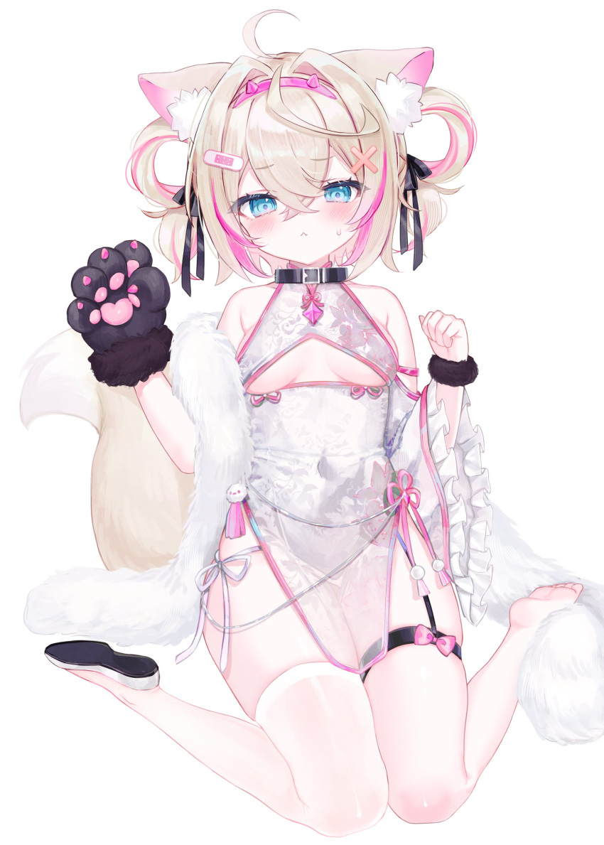 absurdres ahoge alternate_costume animal_ear_fluff animal_ears animal_hands bandaid bandaid_hair_ornament black_ribbon blonde_hair blue_eyes blush breasts cleavage cleavage_cutout clothing_cutout dog_ears dog_girl dog_paws dog_tail female hair_ornament hair_ribbon highres hololive hololive_english japanese_clothes kimono looking_at_viewer mococo_abyssgard multicolored_hair pink_hair ribbon shouu-kun single_bare_foot single_thighhigh small_breasts smile solo streaked_hair tail thighhighs triangle_mouth virtual_youtuber white_background white_kimono white_thighhighs x_hair_ornament