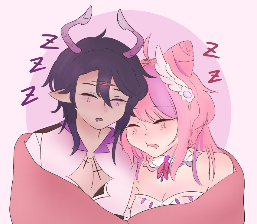 1boy bare_shoulders black_hair blanket breasts bubi_(ironmouse) chonkyorca cleavage closed_eyes commentary cone_hair_bun drooling english_commentary female hair_bun highres horns ironmouse long_hair medium_breasts mouth_drool multicolored_hair parted_lips pink_background pink_hair pointy_ears purple_background purple_hair shirt sleeping streaked_hair two-tone_background upper_body vshojo white_shirt zzz